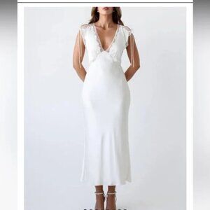 Rumored Monarch Lace Trim Satin Midi Dress Ivory